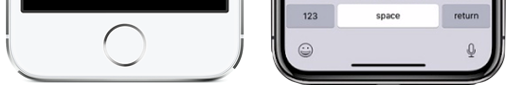 Een iPhone met een thuisknop en een recente iPhone waar de thuisknop vervangen
is door een beginschermaanduiding