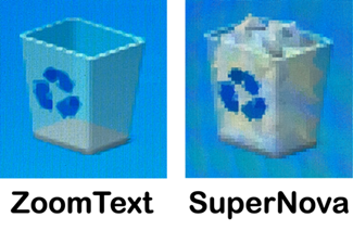 Vergelijking van de beeldkwaliteit van het vergrote prullenbak-pictogram bij
ZoomText ten opzicht van SuperNova