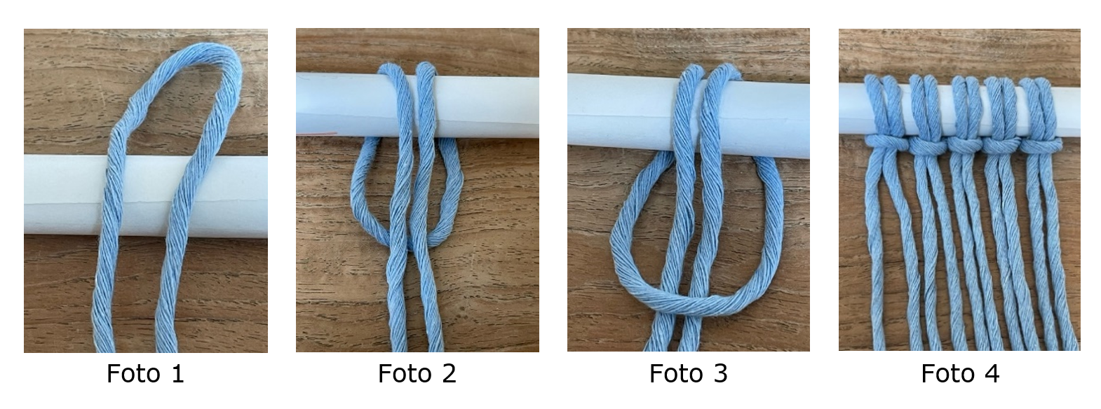 De basisknoop afgebeeld in 4 verschillende
stappen.