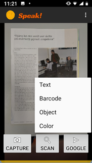 De opties van Speak! Text, barcode, object en
Color