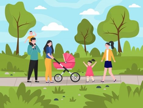 Happy family with kids walking in city park Free
Vector