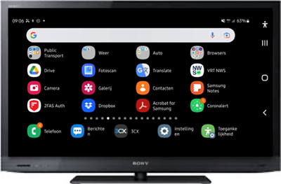 Tv-toestel met het Android overzicht van de beschikbare apps, horizontaal
gekanteld.