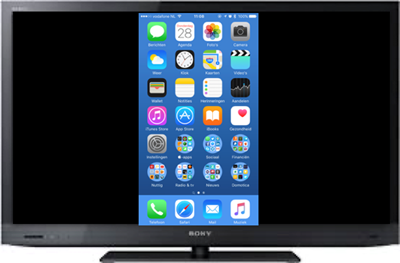 Tv-toestel met het iPhone beginscherm dat verticaal georiënteerd
is