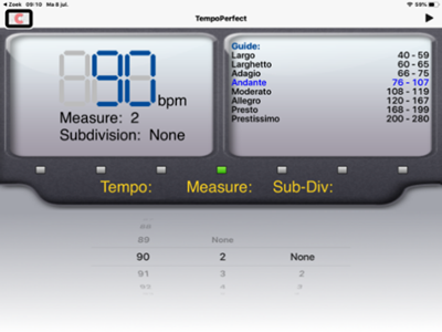 TempoPerfect, liggende stand op iPad