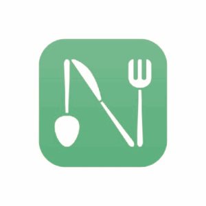 Logo van Nutridays. Groen logo, letter N gevormd met lepel, schuin mes en
vork.