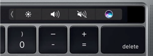 De ‘Control strip’ van de Touch Bar, met knoppen voor Siri, voor geluid-uit,
het geluidsvolume en de
beeldhelderheid