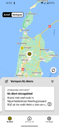 Overzicht van een verlopen
NL alert met locatie en tekst