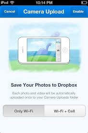 Camera uploadscherm van Dropbox met tekst: Save your photos to
Dropbox.