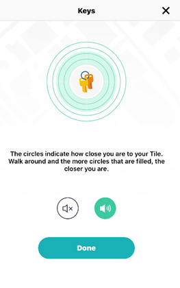 Scherm van de Tile app met afstands
indicatie