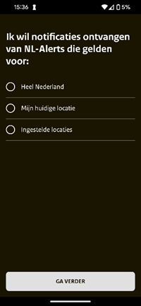 Aangeven of je notificaties wilt ontvangen van heel Nederland, huidige locatie of ingestelde locatie. 
