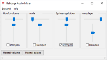 Het bedieningsvenster van de Audiomixer met telkens een setje schuifregelaars
per geluidsbron: Hoofdvolume, NVDA, Systeemgeluiden, Windows Media
Player