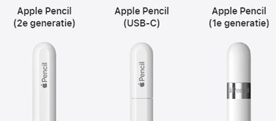 De drie typen Apple Pencil op een
rij