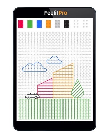 Een vooraanzicht van de Feelif Pro waarop je de hele tablet ziet met daarop
het raster van bolletjes. Op de tablet is een simpele tekening van een auto met
gebouwen een boom en twee wolken weergegeven als
voorbeeld.