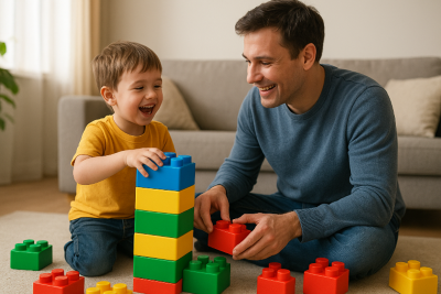 Man en kind bouwen een toren van gekleurde blokken Afbeelding gemaakt met
AI.