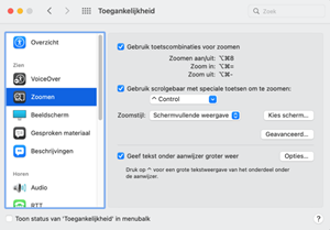 De instellingen van de vergrotingsfunctie 'Zoomen' van de Mac