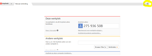 Menu locatie van Anydesk