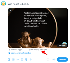 Schermafbeelding van de berichteditor van Twitter waarbij is aangeduid
waar je beschrijving toevoegen kan
toevoegen