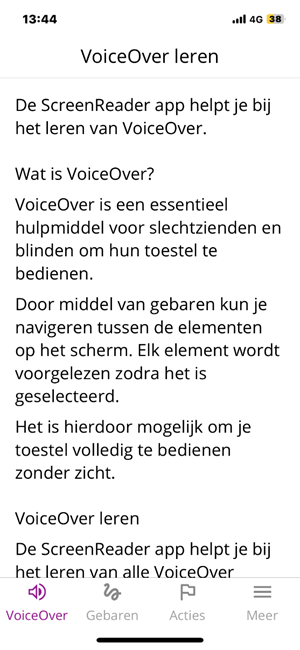 Screenshot van het tablad VoiceOver van de
app.