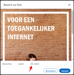 Editor om een afbeelding voor een LinkedIn-bericht te bewerken met een
pijl naar 'Alt-tekst'