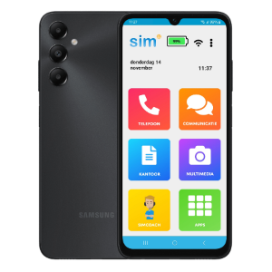 SimPhone. Links de achterkant van de telefoon. Rechts de voorkant van de
telefoon met het menu. 