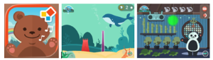 Drie screenshots van Easy Music, een educatieve app voor kinderen met een
berenfiguur als hoofdpersonage. Eerste screenshot toont een vrolijke beer met
regenboog en muzieknoten, tweede screenshot een onderwateromgeving met een
walvis en een vulkaan, derde screenshot een panda in een kooi met bamboe en een
bedieningspaneel erboven.