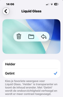Scherm om LIquid Glass in te
stellen