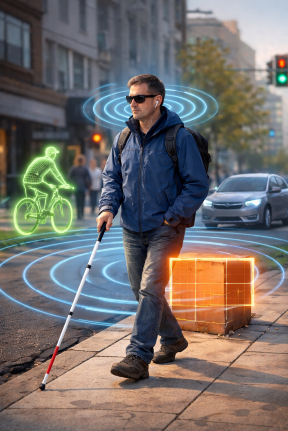 Blinde man die met stok loopt en obstakeldetectie gebruikt. De afbeelding is
gegenereerd met AI