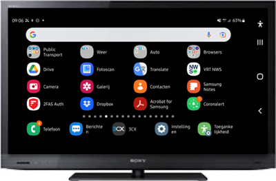 Tv-toestel met het Android overzicht van de beschikbare apps, horizontaal
gekanteld.