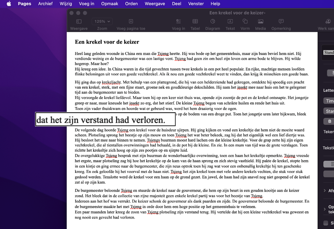 Tekst in Pages met daarbij de vergrote VoiceOver-cursor.