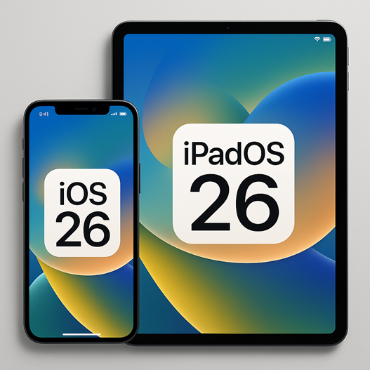 iPhone en iPad met daarop de teksten: IOS 26 en
iPadOS26
