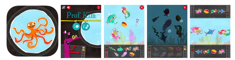 Schermafbeelding van het spel : wat ontbreekt er. Er zijn zeeschepsels te zien
vanuit een duikboot raam. Kies het plaatje wat
ontbreekt.