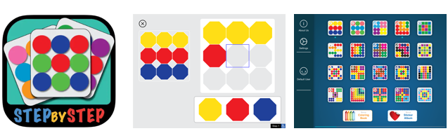 logo van de app Mosaics en enkele schermafbeeldingen van het
spel