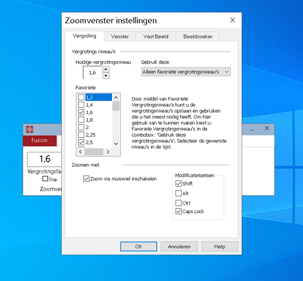 Zoomvenster instellingen 