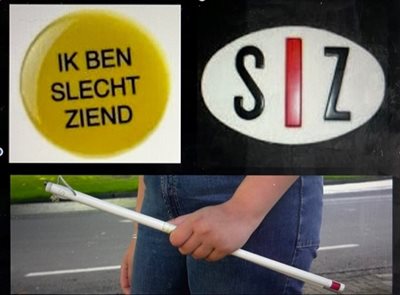 Een button met de tekst slechtziend, een bordje met SZ voor achterop een
vervoermiddel en een
herkenningsstok.