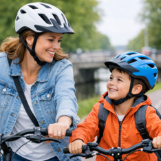 vrouw en kind met fietshelmen die samen fietsen langs een waterweg met brug op
de achtergrond. De vrouw draagt een witte helm en spijkerjack, het kind een
blauwe helm en oranje jas.