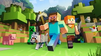 Minecraft speelwereld met dieren en spelers