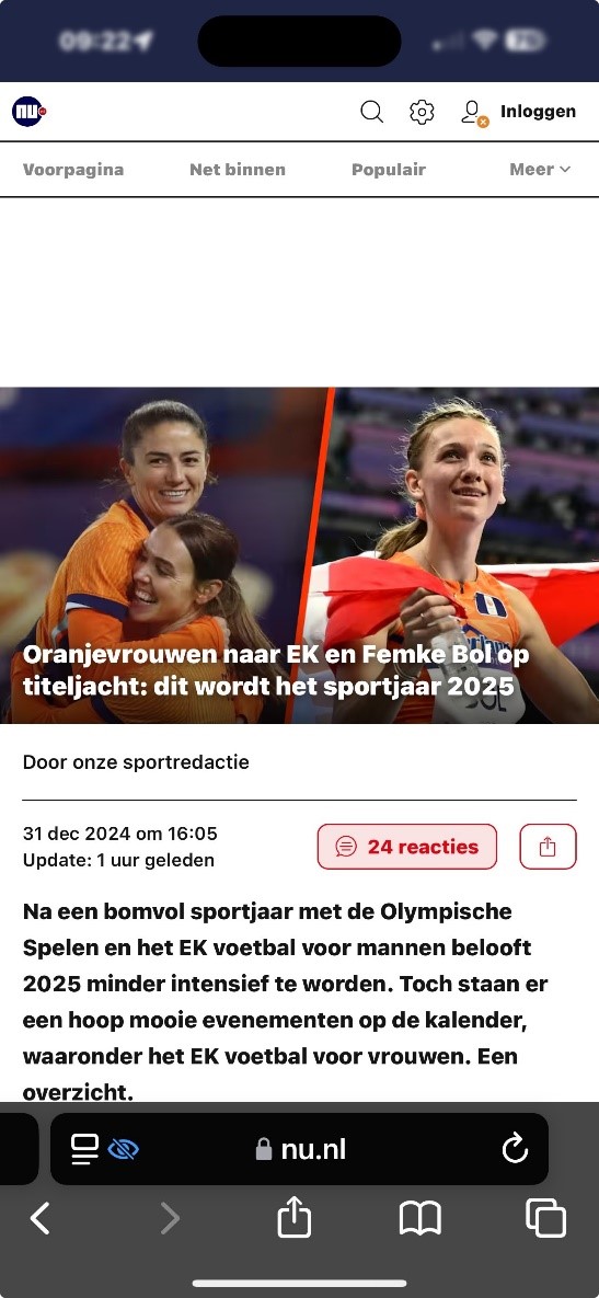 Nieuwartikel zonder Reader weergave