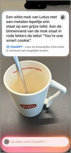 Foto van een koffiemok, met daarbij de gedetailleerde beschrijving die Visuele Intelligentie genereert: “Een witte mok van Lotus met een metalen lepeltje erin staat op een grijze tafel. Aan de binnenrand van de mok staat in rode letters de tekst "You’re one smart Cookie"."