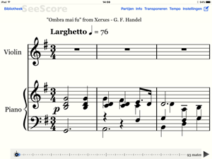 Voorbeeld piano en vioolpartij in
Seescore.