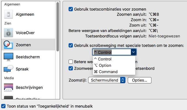 Instellingenvenster om het zoomen met het trackpad te activeren en aan een
toets toe te wijzen.