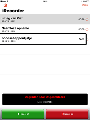 Schermafdruk opnamelijst iRecorder