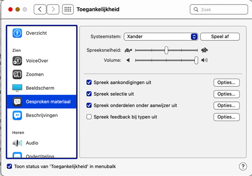 Instellingen Gesproken materiaal