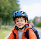 Een kind met een blauwe fietshelm en oranje jas dat op een fiets rijdt langs
een weg met groene bomen en huizen op de achtergrond.