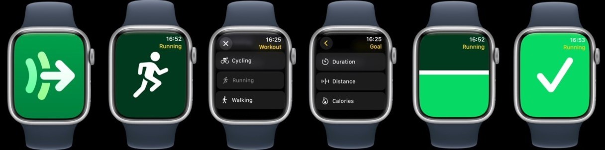 schermafbeeldingen van de Keep Going App op de Apple Watch. In 6 schermen
wordt de app getoont van opstarten naar einde van de workout.