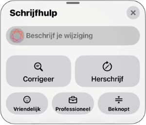 Het venster ‘Schrijfhulp’ met knoppen om tekst te corrigeren of te
herschrijven in de gewenste stijl