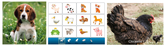 logo van de app waarop een beagel hond te zien is. Daarnaast een afbeelding
van het keuzemenu bestaande uit 12 getekende boerderijdieren waaruit je kiezen.
en daarnaast een foto van een bruine kip met
kuiken.