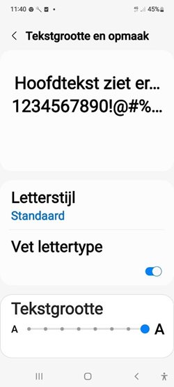 Scherm met tekstgrootte en opmaak
instellingen