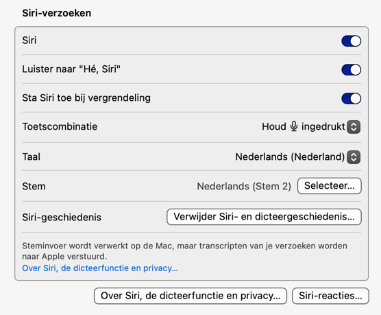 Instellingenscherm voor Siri