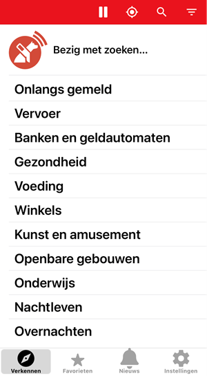 Het hoofdscherm van Lazarillo toont onderaan en bovenaan de belangrijkste
functies en daar tussenin de rubriekenlijst met
POI's