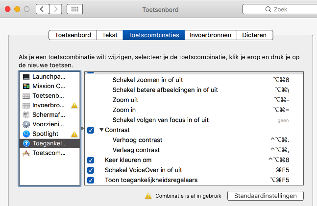 Instellingenvenster met toetscombinaties voor vergroting, contrast en
helderheid.